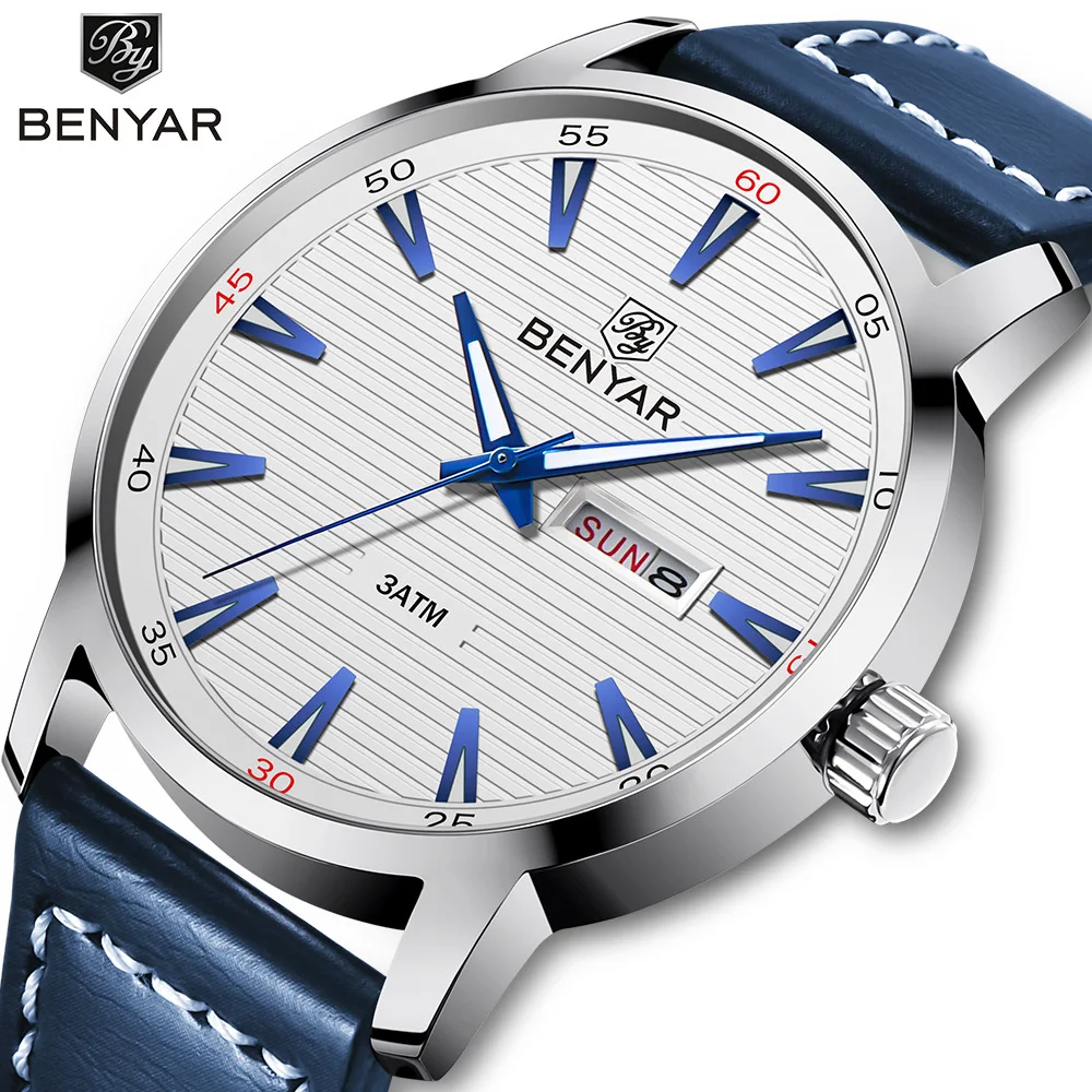 

Fashion Mens Watches BENYAR Casual Quartz Watch Men Leather Business Week Date Analog Wrist Watch Relogio Masculino Clock Man