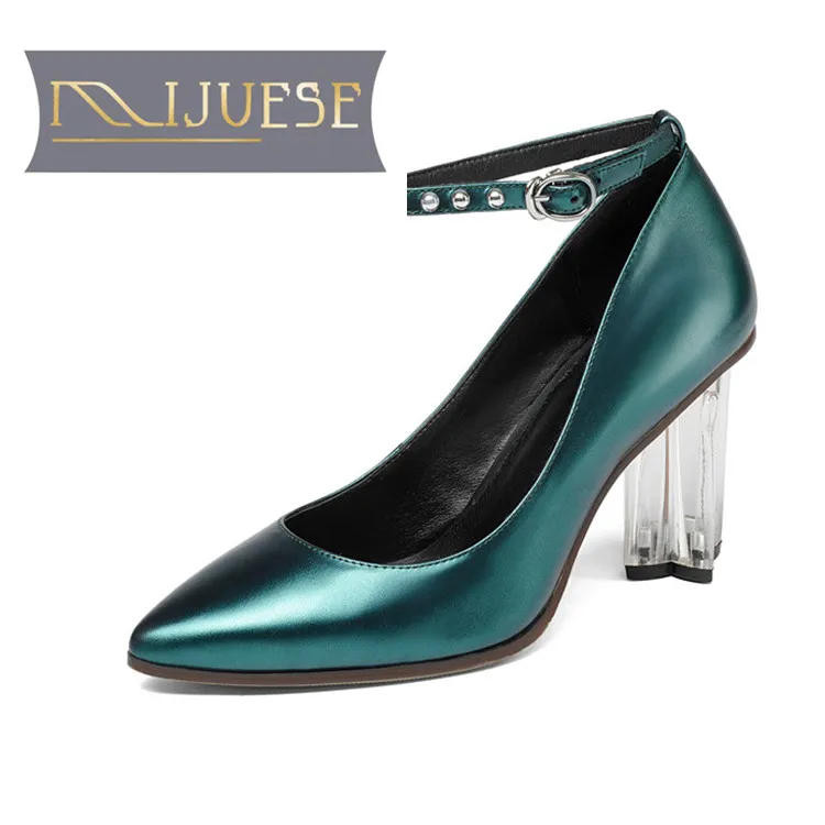 

MLJUESE 2018 women pumps Genuine leather sapatos feminino buckle strap rivets cow leather high heels
