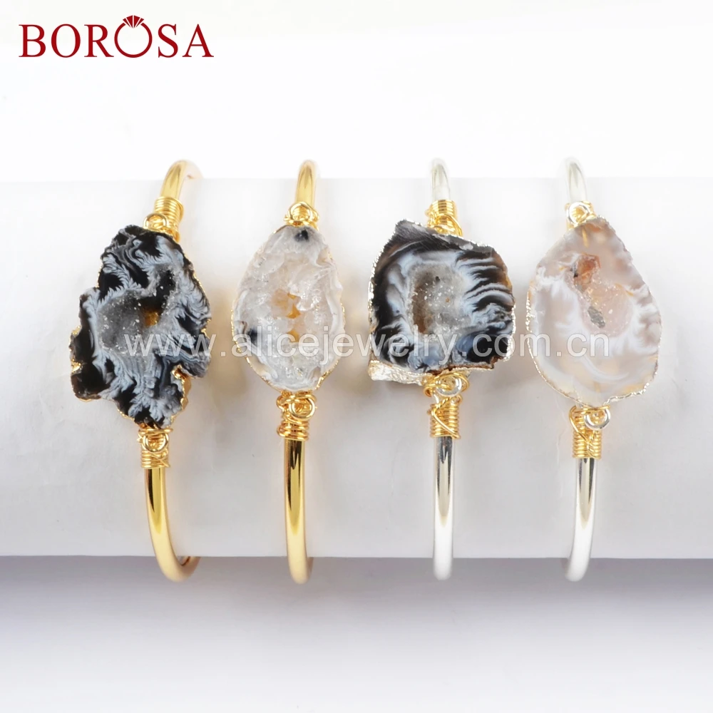 

BOROSA Gold Plating Agates Druzy Slice Wire Wrap Bangles Silver Filled Agates Drusy Friendship Bracelets For Lady As Gift G1665