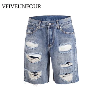 

VFIVEUNFOUR 2019 Summer Destroyed Distressed Denim Shorts Mens Hole Vintage Shorts Blue Male Hip Hop Casual Jeans Short jumpsuit