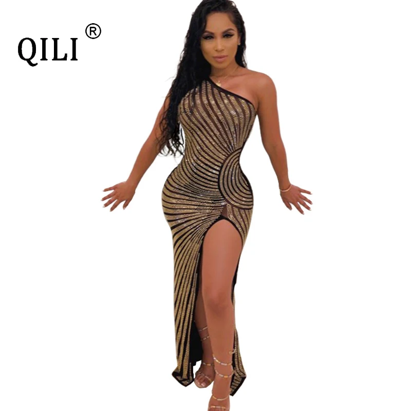 QILI Women One Shoulder Diamonds Dress Sexy High Split Mesh Rhinestone Long Maxi Dresses Evening Party Club Dress Gold