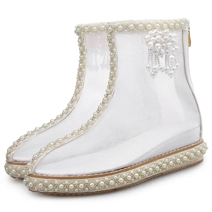 

Hot Selling White Pearls Beaded Platform Ankle Boots Pointed Toe Mesh PVC Cutouts Gladiator Sandal Boots Crystal Flat Boots