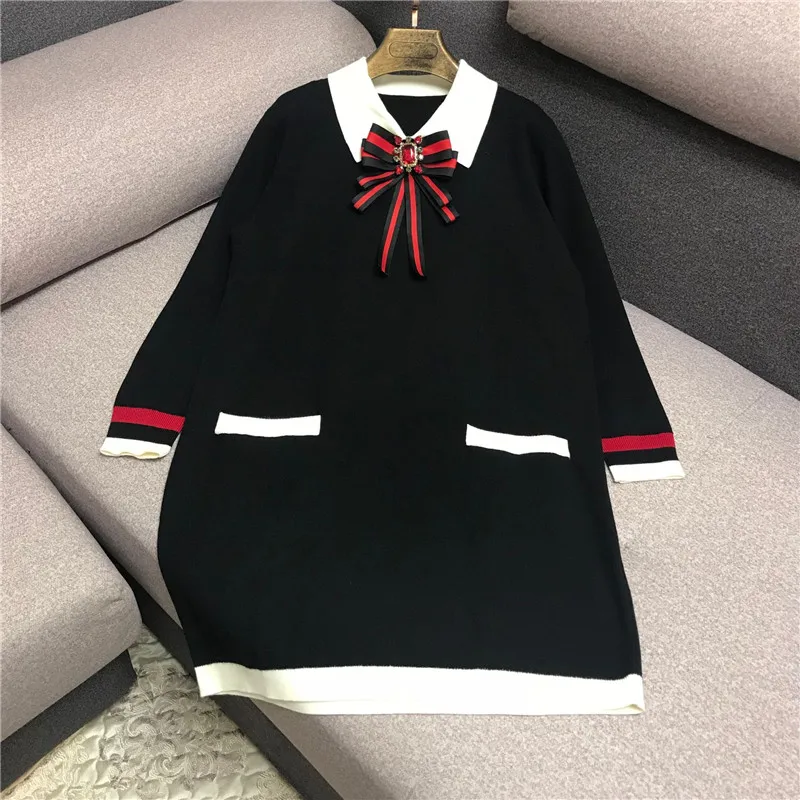 

Luxury Designer Brand Knitted Dress for Women Runway Vintage Peter Pan Collar Diamond Bow Striped Contrast Loose Knitted Dress
