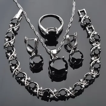 

Russian Style Bracelet For Women Jewelry Sets Silver Color Wedding Necklace Earrings Set Classic Black Crystal Costume QS0218