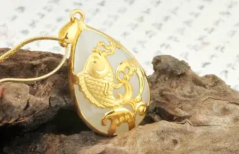 

3D gold inlay and field jade squid pendant h40#