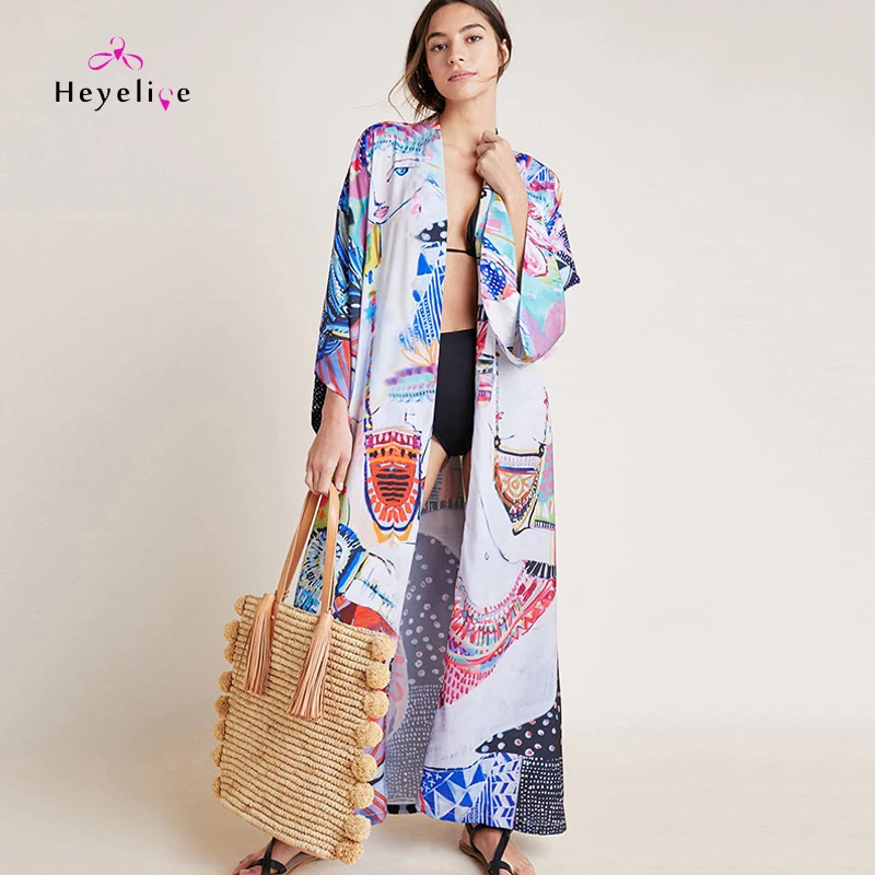 

Summer Beach Sarong New Holiday Wear Print Long Dress With Long Sleeves High Quality Women Bikinis Cover Up Long Tunic Beachwear