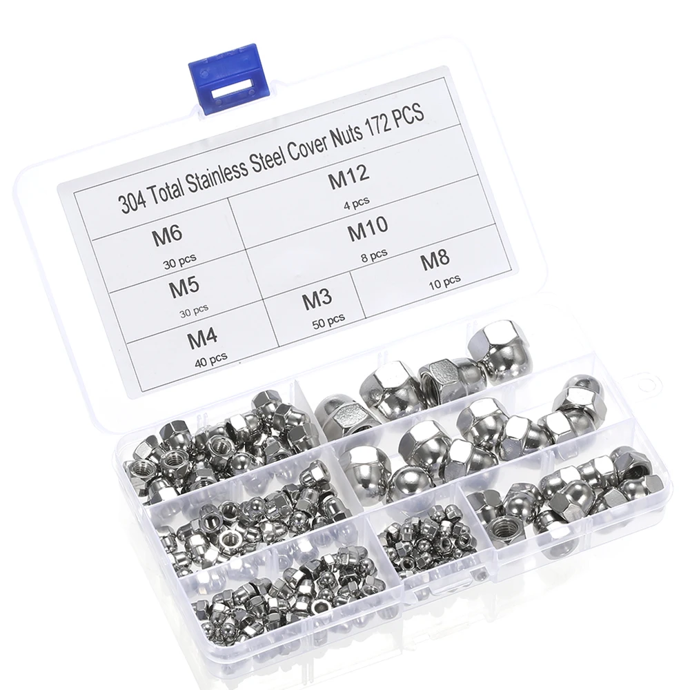 

172Pcs Nuts 304 Stainless Steel Cap Nut Set DIN1587 M-3/M-4/M5/M6/M-8/M-10/M12 Rust-resistant Corrosion-resistant Nuts