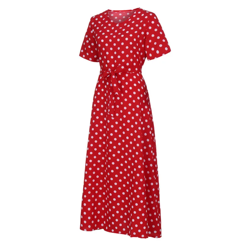  New Women Summer Vintage O-Neck Short Sleeve Beach Polka Dot Bandage Long Maxi Dress Sexy Elegant Lady Holiday New Dress #4R08 (20)