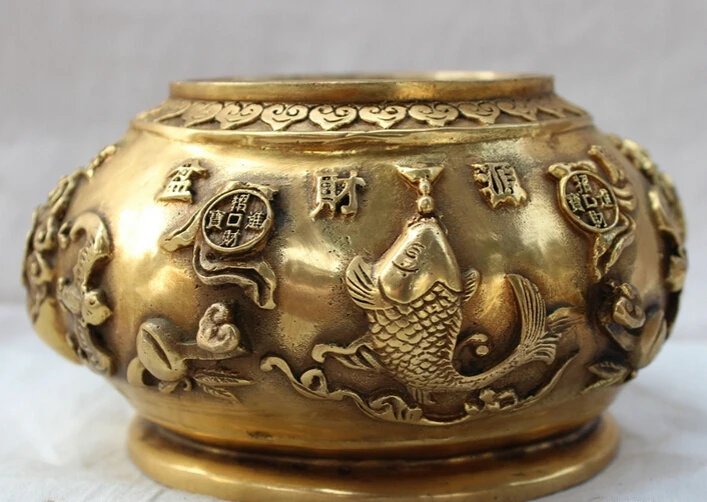 

S5571 Chinese Brass 5 Mammon God Fish BAT RuYi Statue Treasure Bowl Jar Incense Burner D0317