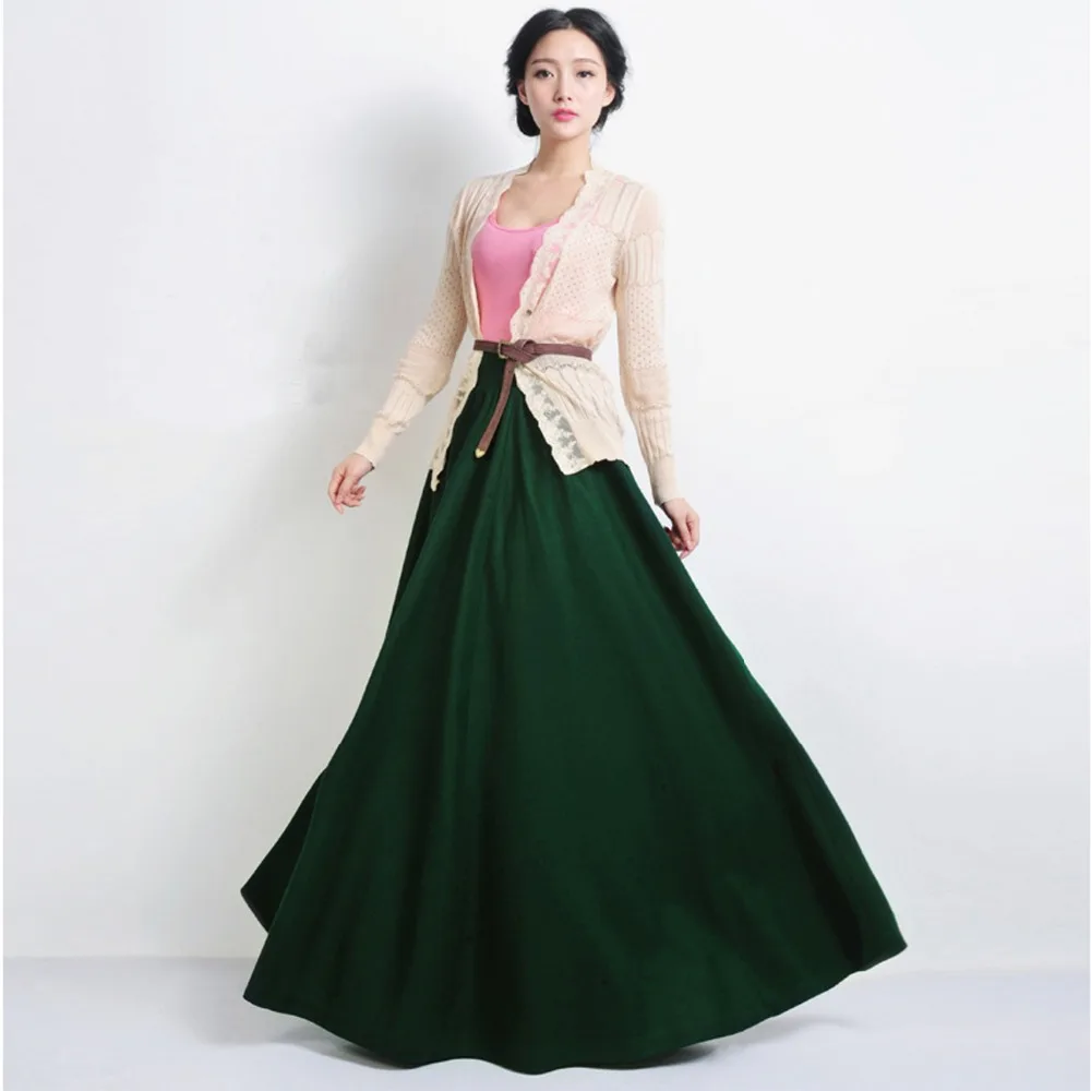 2019 Winter Mode Vintage Dikke Groene 80% Wol Wollen Hoge Taille Geplooide Zon Lange Vrouwelijke Rok Ontwerpen Maxi Rokken Vrouwen