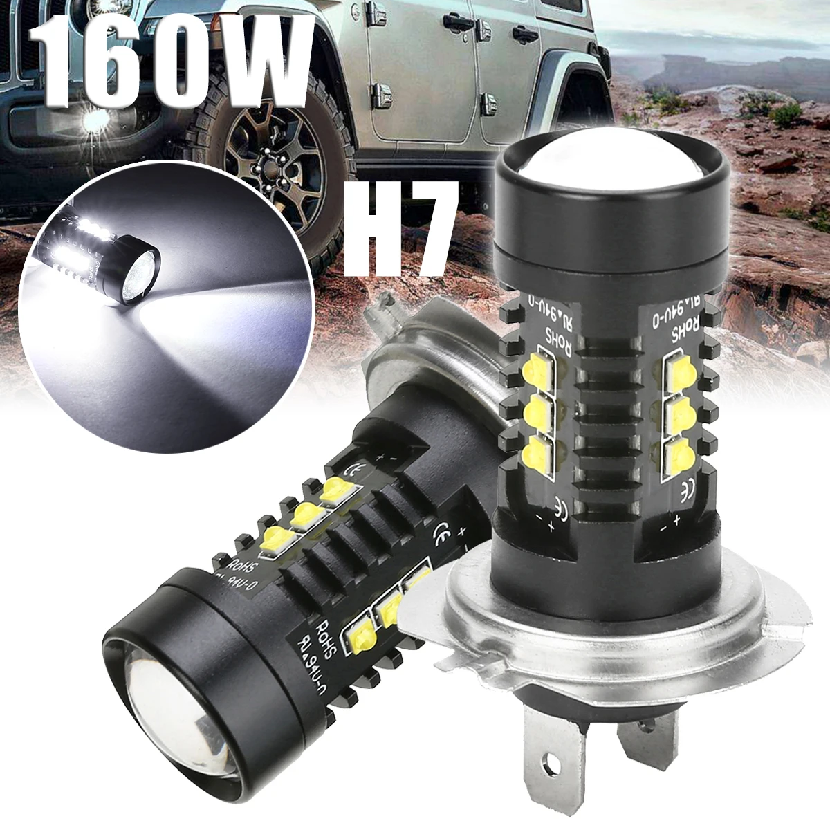 

2pcs H7 160W LED Car Fog Light Driving Lamp Bulb 6500K Ulrta Bright White Daytime Running Light for Car Light Source