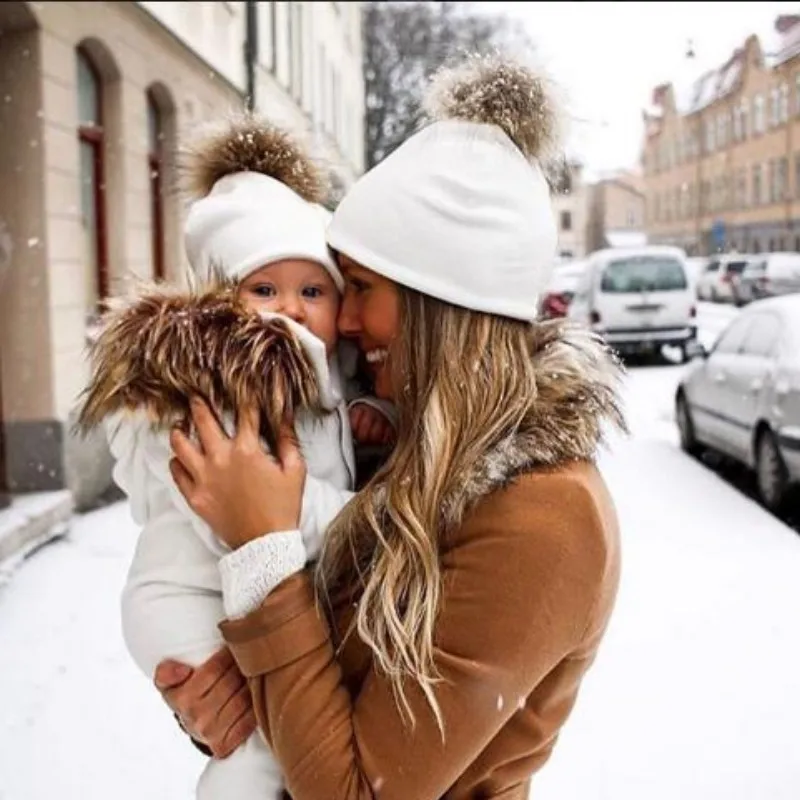 

Baby Caps Cotton Parent-child Hats Hair Ball Winter Cute Baby Caps+ Adult Hat Set Artificial Fur Children's Hats