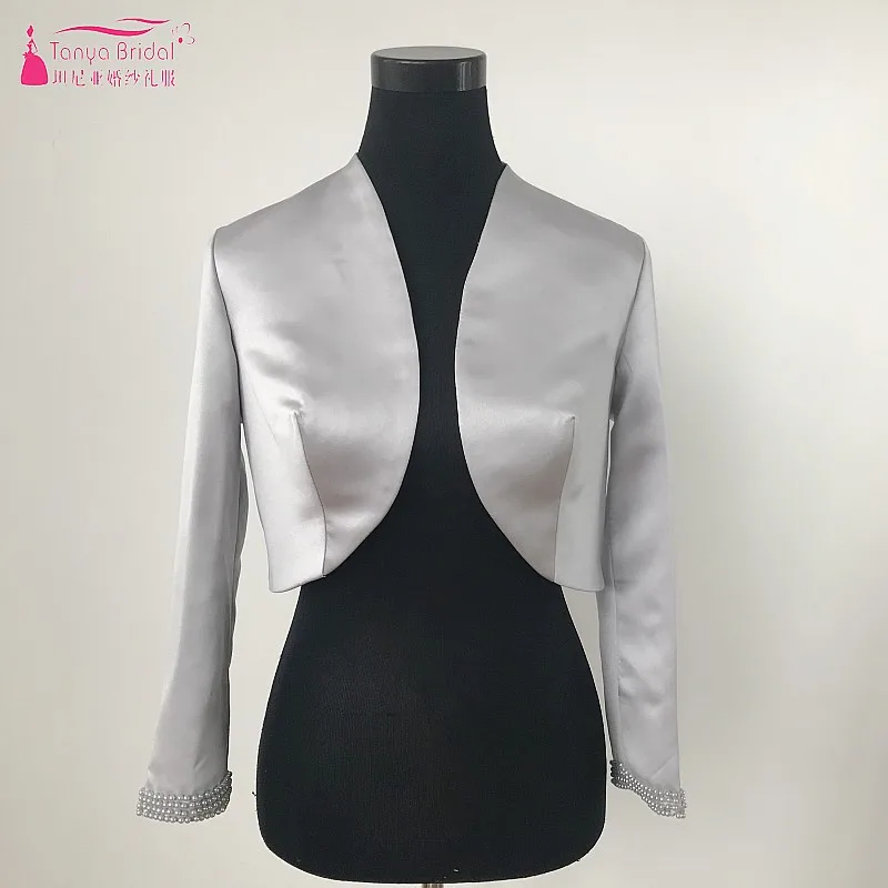 

Simple Long Sleeves Pink Black Satin Wedding Evening Bolero With Pearls Sliver Wedding Bride Jackets Formal Event Boleros DQG264