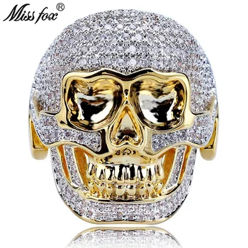 

MISSFOX Hip Hop Domineering Skull Diamond Rings For Men Full Painting Stone 18k Gold Punk Ring Men Personalized Luxury Mens Ring