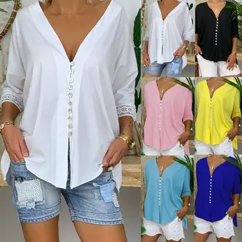

Women Summer V Neck Three Quarter Sleeve Bagggy Loose Button Tops Blouse Plus Size