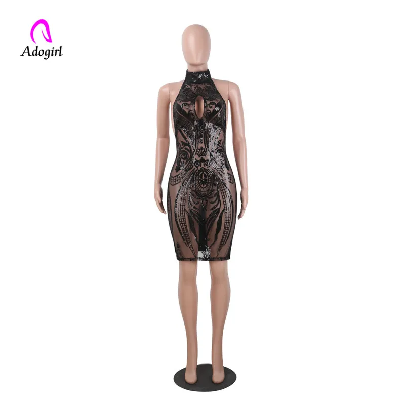 Прозрачное платье с блестками Adogirl открытой спиной лямкой на шее черное
