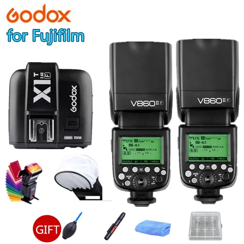 

2X Godox V860IIF Flash Speedlite 2.4G Wireless GN60 HSS 1/8000s TTL + X1T-F Trigger for Fujifilm Fuji X-Pro2 X-T10 X-T20 X100F