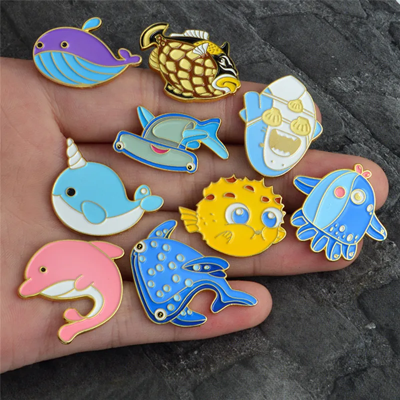 1pcs Sea Cuties Pin Whale Shark Narwhal Octopus Puffer Fish Hard Enamel Pin Lapel Pin Brooches Badges Pinback
