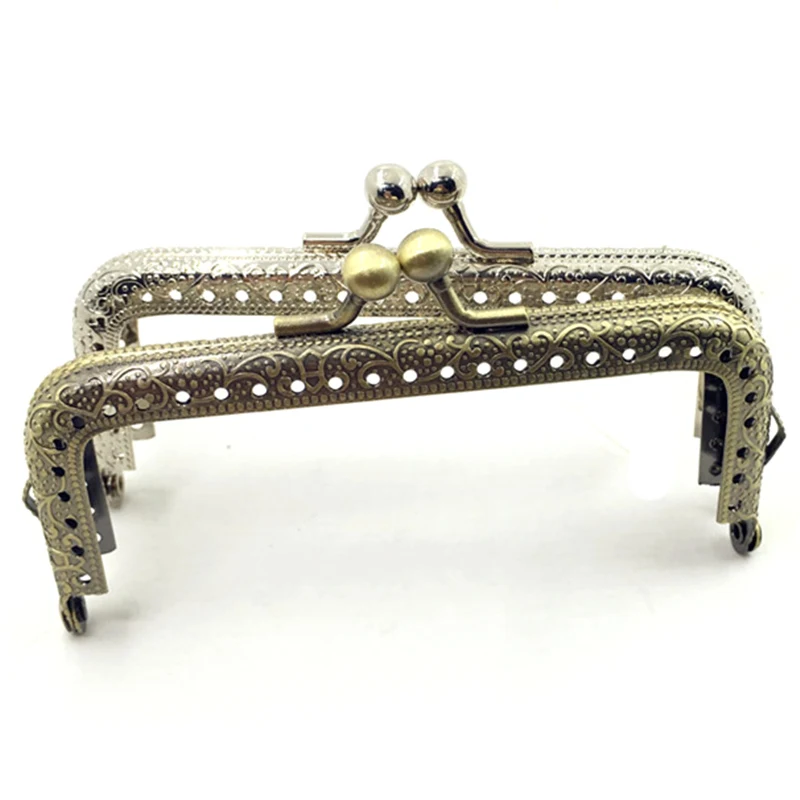 

10Pcs Bronze Silver Tone Flower Embossed Ball Heads Rectangle Metal Frame Clutch Kiss Clasp Handbag Coins Purse Bag Handle Part