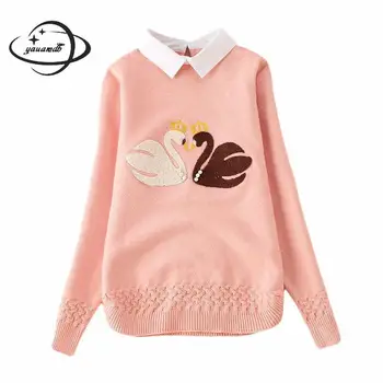 

YAUAMDB kids sweaters 2018 winter knitwear 6-17Y girls pullover cartoon swan clothing children knit fashion warm clothes ly57
