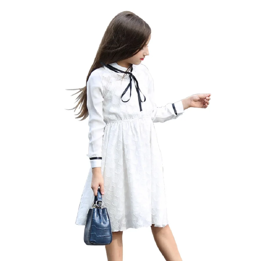 

6-16Year Girls White Lace Dress Teenage Girl princess Birthday Party Bow Chiffon Clothes children's cute long sleeve Dresses