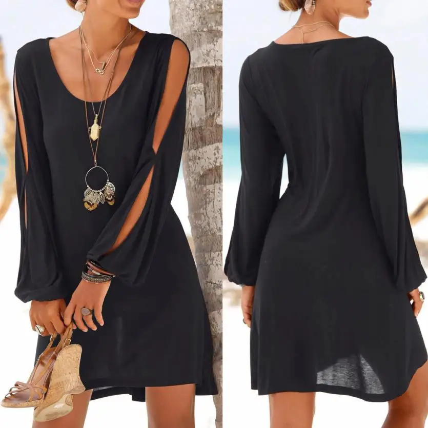 2019 New dress Fashion Women Casual O-Neck Hollow Out Sleeve Straight Dress Solid Beach Style Mini dress women