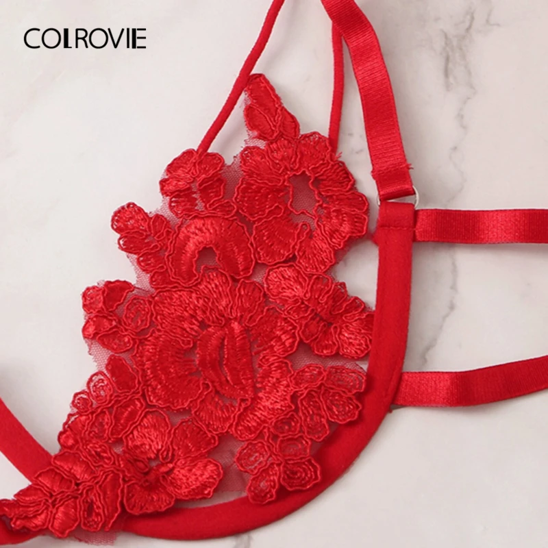Goede COLROVIE Rode Bloemen Kant Uitsnede Sexy Lingerie Set Vrouwen Intimates 2019 Beugel See Through Bh En Thongs Ondergoed Set
