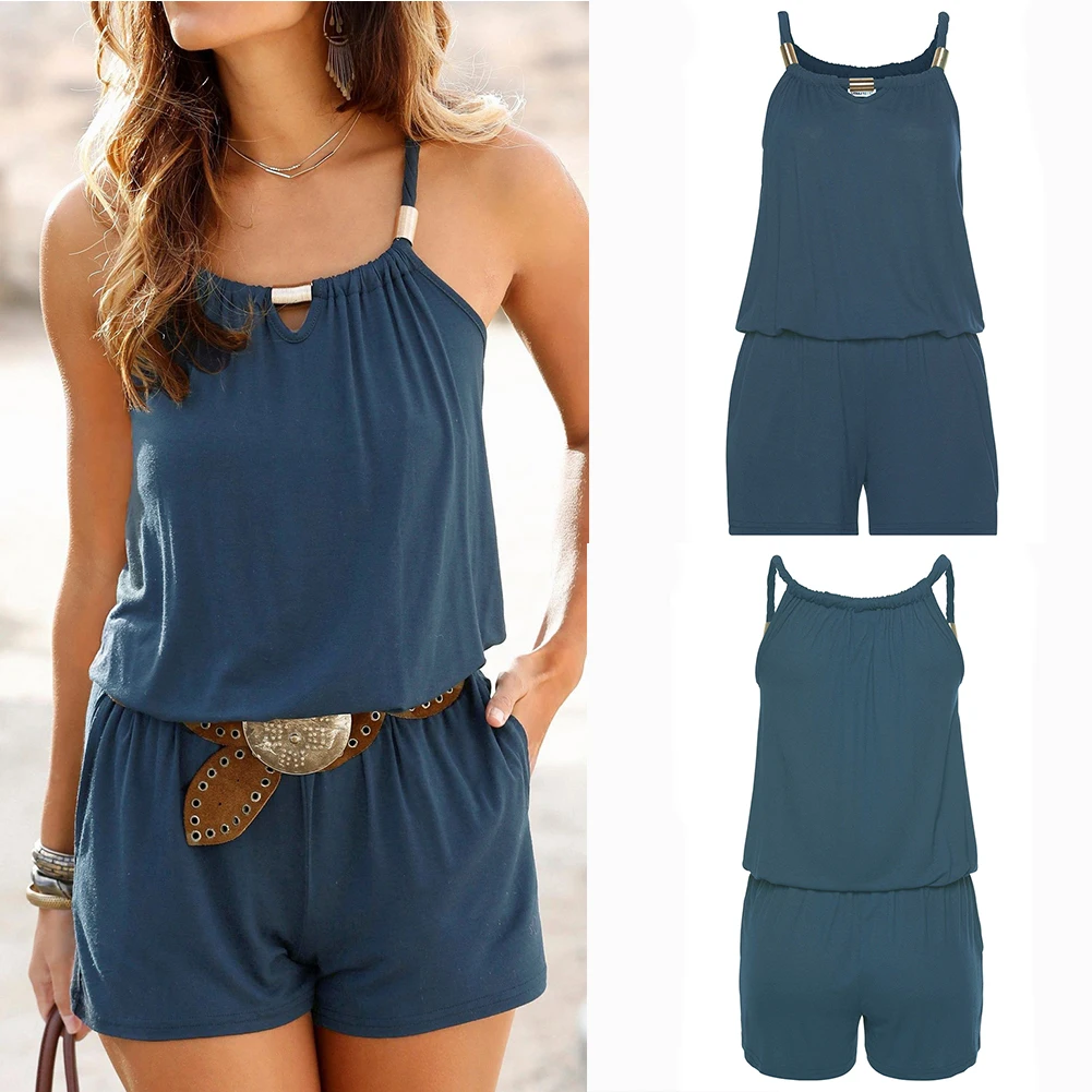 Womens Jumpsuit Solid Color One Word Collar Sleeveless Cotton Leisure Zipper Loose Jumpsuit