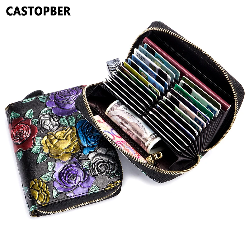 

Women Fashion RFID Blocking Credit ID Card Holders Split Leather Carving Three-dimensional Business Card Case Female Wallet Bag