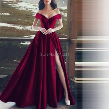 

Elegant Evening Dresses Dubai Design Sweetheart Satin Boat Neck Long Party Gowns Side Split Robe De Soiree Formal Prom Gown 2019