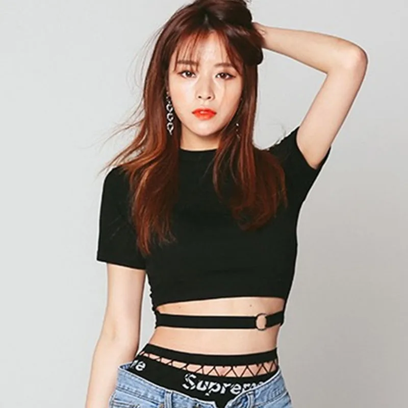 

New Hot 2019 Fashion Solid Color Short Sleeves Basic Tees Summer Women Sexy Slim Crop Top Female Ring Decoration Casual T Shirt