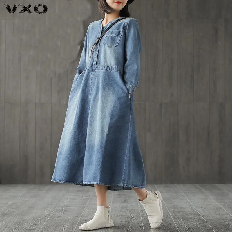 

VXO 2019 New Style Casual Cotton v-neck Loose Plus Size Denim Dress Female Long Sleeve Ladies Denim Dress Over the knee