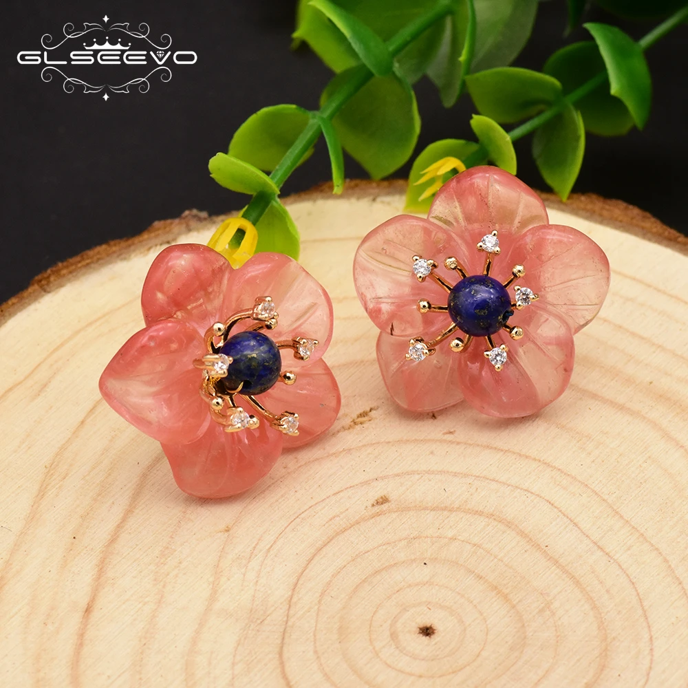 

GLSEEVO 925 Sterling Silver Stud Earrings Natural Lapis Lazuli Watermelon Crystal Flower Earrings For Women Fine Jewely GE0675