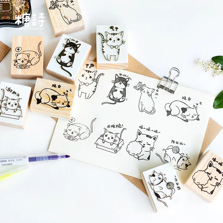 

Lovely Daily Cat Meow Wooden Rubber DIY Stamp Set Student Prize Promotional Gift Stationery