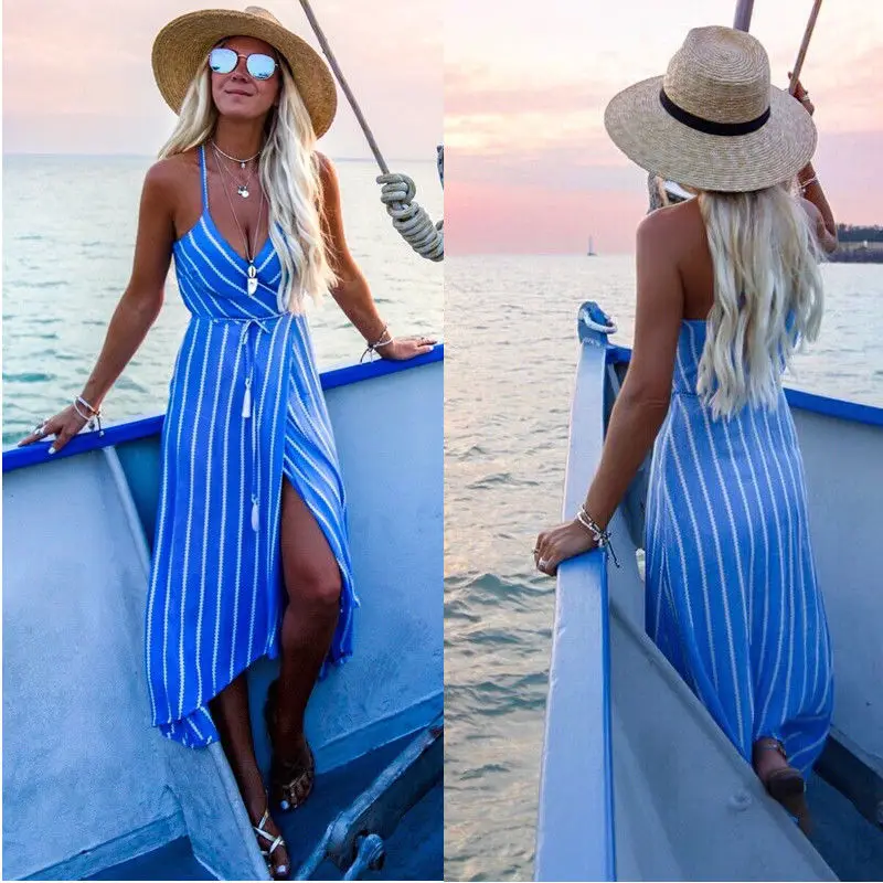 

New Women Summer Dress Boho Maxi Long Striped Halter Evening Party Beach Dresses Sundress Irregular Bohemian Holiday Dress
