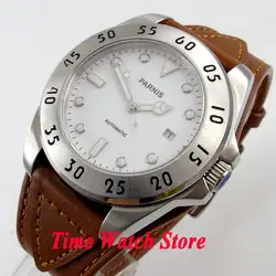 Парнис 43 мм Белый Циферблат Световой сапфировое стекло коричневый кожаный ремешок 10ATM Miyota Автоматическая Мужские часы 602 Relogio Masculino