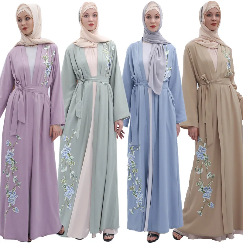 

Factory embroidery flowers cardigan Muslim Robe syari female Dubai fashion full Muslim abaya Arab Worship Service abaya wq2071