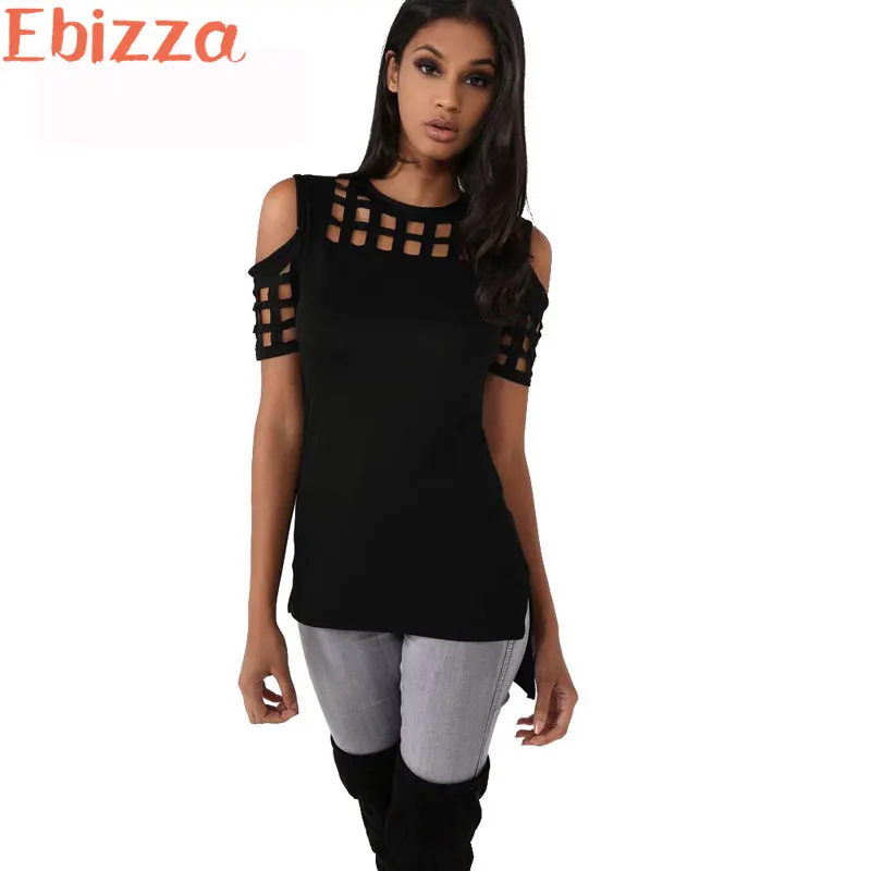 Ebizza Plaid полые из блока повязки Женщины футболка Повседневная O шеи с плеча