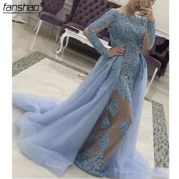 

Muslim Evening Dresses Grace Mermaid Long Sleeves Tulle Lace Beads Islamic Dubai Saudi Arabic Long Evening Gown Prom Dress