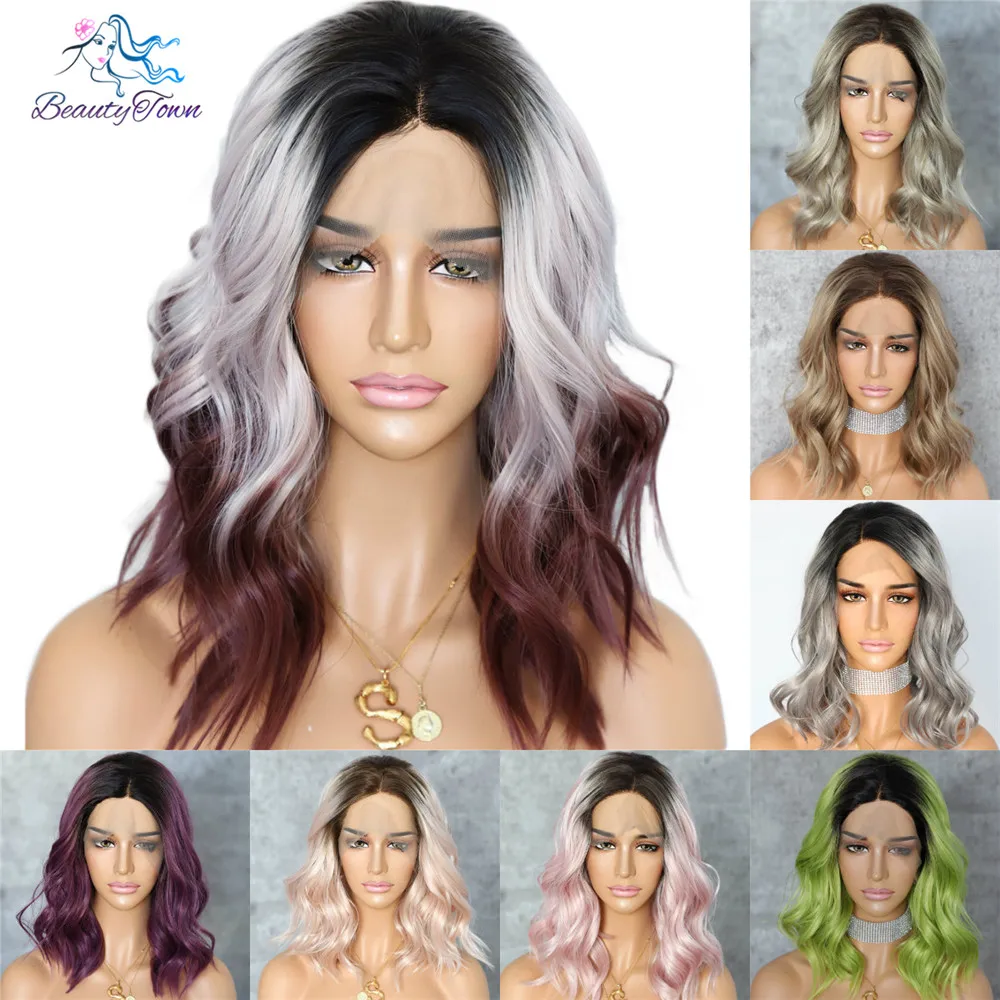 

BeautyTown Dark Root Ombre Purple Colorful Short Hair Blogger Daily Makeup Glueless Synthetic Lace Front Wedding Party Wigs