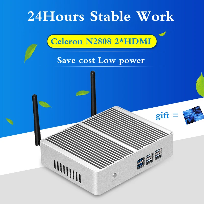  Cheapest Fanless pc Mini PC Celeron N2808 Dual HDMI USB wifi windows10 Industrial PC Support windows 7/8.1/Linux Mini PC 