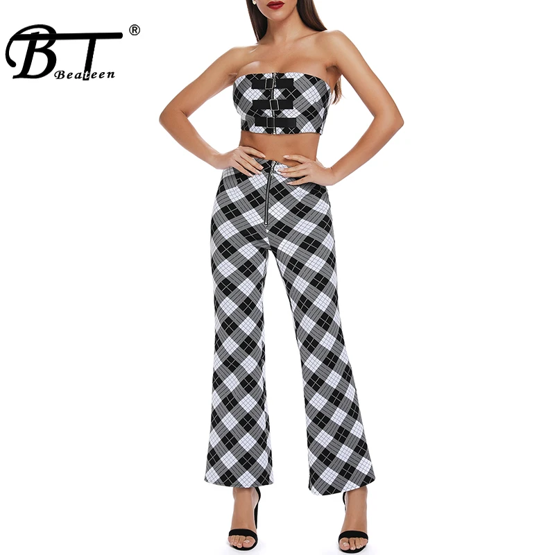 

Beateen 2019 New Sexy Women Fashion Plaid Strapless Sleeveless Zip Short Top Long Pant Bandage Suits Bodycon Party 2 Pieces Set