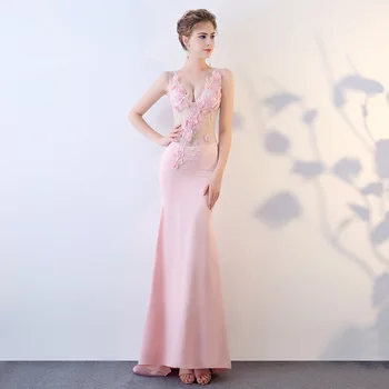 

Pink Evening Dresses Long 2019 Simple Plus Size V-neck Sleeveless Cheap Wedding Guest Gown Elegant Abito Da Cerimonia ES1320