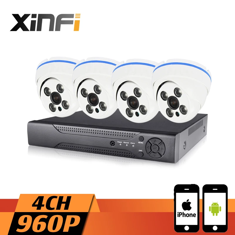 XINFI 4CH HDMI 960P HD Home Security Camera System CCTV kit Weatherproof Dome 1.3MP IP Camera Real-time Recording P2P,onvif