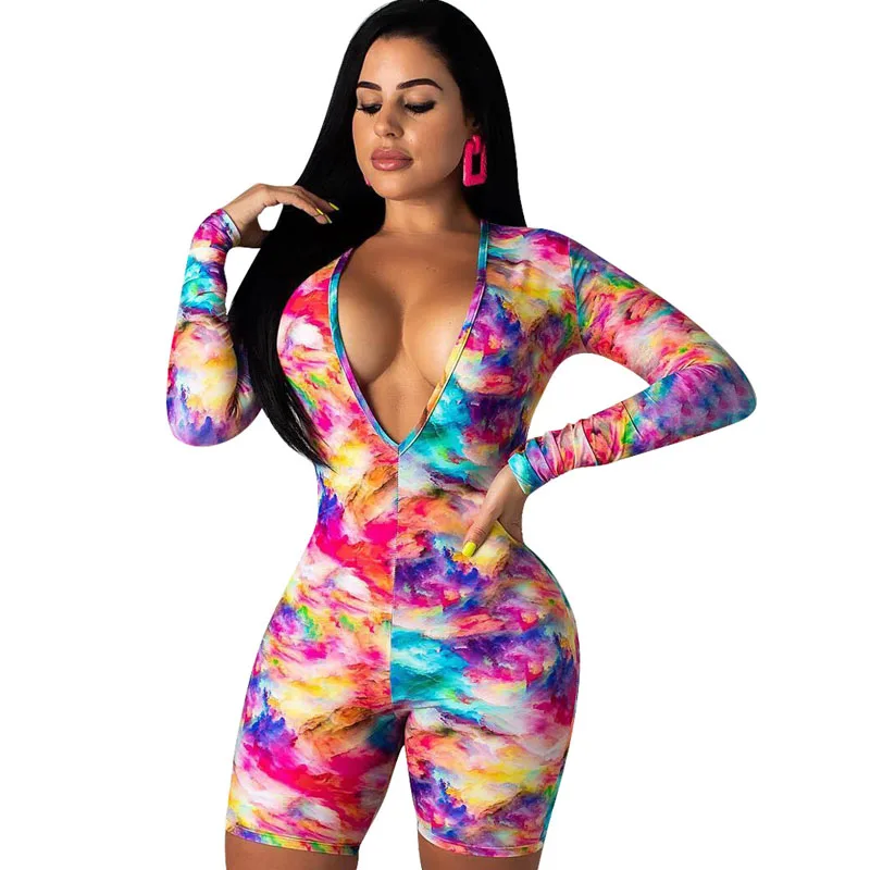 

Summer new women's sexy print jumpsuit fashion casual ladies hot V-neck shorts