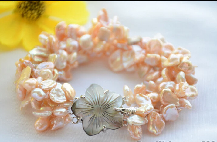 

Free shipping >>>>>>z6444 4strands 9mm pink lamina BAROQUE KESHI REBORN PEARL bracelet 8inch