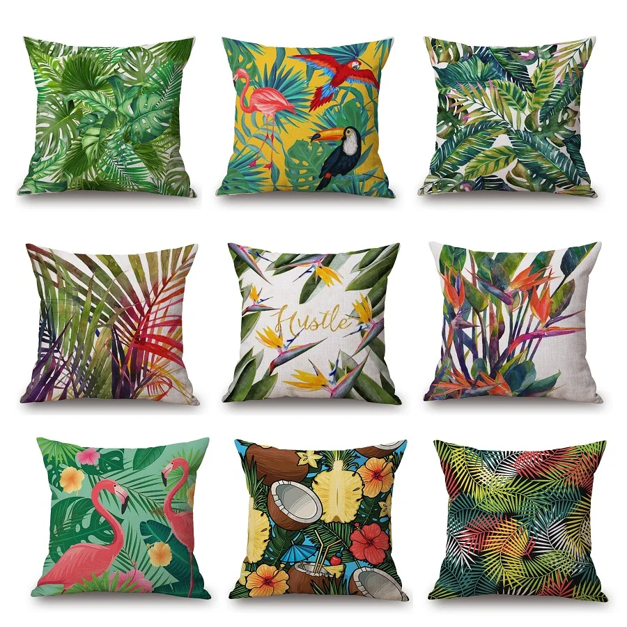 

Palm Tree Cushion Cover Green Leaf Tropical Plant Flamingo Birds Pillow Cases Eye Protection Oil Paint Bedroom Sofa Decor 95g