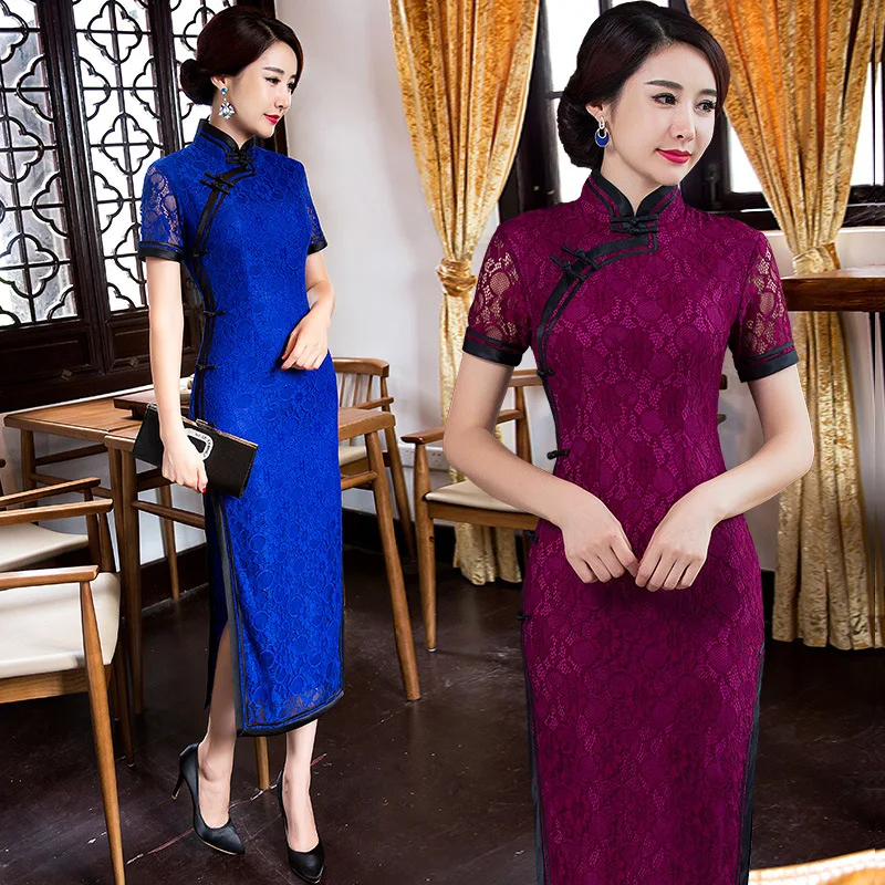 New Arrival Lace Long Cheongsam Retro Traditional Chinese Clothing Short Sleeve Qipao Elegant Chinese Oriental Dresses