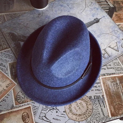 HT1462 Новая модная женская и мужская Осенняя зимняя шапка однотонная шерстяная фетровая шляпа формальная фетровая шляпа для женщин и мужчин свернутые шляпы с поясом - Цвет: Navy Blue
