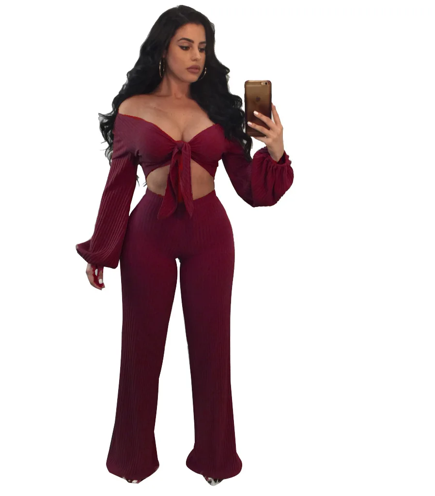 

Sexy Slash Neck Long Sleeve Lace Up Top Boot Cut Long Pants Women Red Party Set Jumpsuits